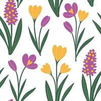 Bright spring garden seamless pattern with crocuses and hyacinths for cheerful garden spaces concept as Cheerful spring garden design featuring crocuses and hyacinths seamlessly ar Cleans vector