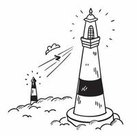 Bright Lighthouse Among Dark Lighthouses concept as A single bright lighthouse stands out among numerous dark lighthouses in a whimsical background offering ample space for text or Cleans vector