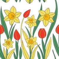 Bright and colorful spring garden seamless pattern with daffodils and tulips for lively garden spaces concept as A lively garden full of daffodils and tulips arranged in a seamless Cleans vector