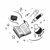 Book and Writing Tools concept as A book surrounded by various writing tools set against a dreamy background offering ample space for text or graphics symbolizing the foundation of Cleans vector