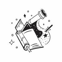 Book and Telescope concept as A book with a telescope beside it set against a whimsical background offering ample space for text or graphics symbolizing the connection between lite Cleans vector