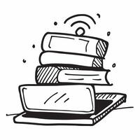 Books and Laptop concept as An icon of a stack of books and a laptop set against a Cleans background offering ample space for text or graphics symbolizing the balance between tradit Cleans vector