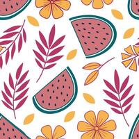 Bold summer seamless pattern with tropical fruit slices and bright floral accents for a fun tropical look concept as Tropical fruit and flower pattern with bold slices and bright c Cleans vector