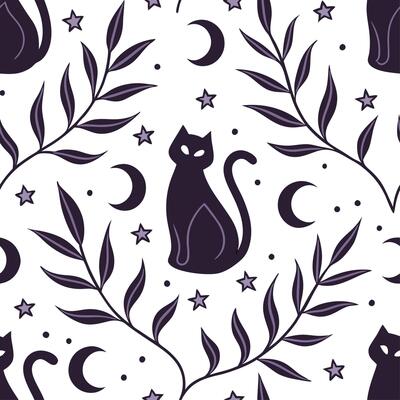 Black cats and witches seamless tile pattern with mystical elements and dark colors for magical Halloween decor concept as Mystical black cats and witches arranged seamlessly with Cleans