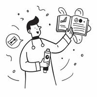 Biomedical Technician with ISO Certificate and Medical Samples concept as A biomedical technician holding an ISO certificate and medical samples set against a whimsical background Cleans vector
