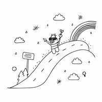 Biker with Helmet and Backpack on Rainbow Road concept as Wide shot of a biker with a helmet and backpack riding on a rainbow road The vibrant and colorful setting features floati Cleans vector