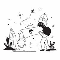 Backpacker with Map and Compass in Enchanted Forest concept as Long shot of a backpacker with a map and compass standing in an enchanted forest The scene includes glowing plants a Cleans vector