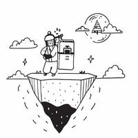 Backpacker with Camera and Guidebook on Floating Island concept as Long shot of a backpacker with a camera and guidebook standing on a floating island in the sky The surreal lands Cleans vector