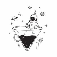 Astronaut with Helmet and Flag on Floating Island concept as Long shot of an astronaut with a helmet and flag standing on a floating island in space The surreal landscape includes Cleans vector