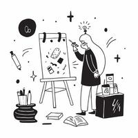 Art Teacher with Easel and Paints in Magical Art Room concept as Long shot of an art teacher with an easel and paints in a magical art room The setting includes glowing brushes an Cleans vector