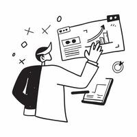 Analyst with Laptop and Graph concept as An analyst using a laptop and studying a graph set against a dreamy background offering ample space for text or graphics symbolizing data a Cleans vector