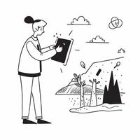 Agronomist with Tablet and Crop Health in Agricultural Field concept as Long shot of an agronomist using a tablet to assess crop health in an agricultural field The background fea Cleans vector