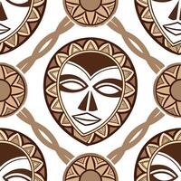 African tribal masks and geometric patterns seamless tile pattern with earthy tones concept as Earthy tones highlight African tribal masks intertwined with geometric patterns in se Cleans vector
