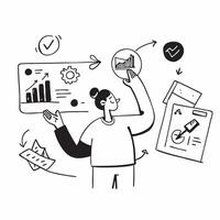 2D as Venture capitalist evaluating startup pitches concept as A illustration of a venture capitalist evaluating startup pitches with financial graphs and documents s Cleans vector
