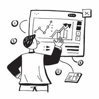 2D as Stock market analyst using big data for analysis concept as A illustration of a stock market analyst using big data on a computer for stock market analysis high Cleans vector
