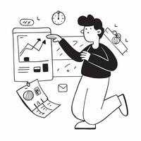 2D as Investment banker evaluating financial reports concept as A illustration of an investment banker in an office evaluating financial reports with charts and graph Cleans vector