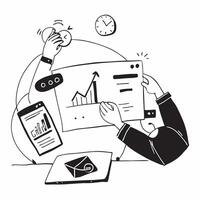 2D as Financial analyst working with financial graphs and charts concept as A illustration of a financial analyst working on a laptop with financial graphs and charts Cleans vector