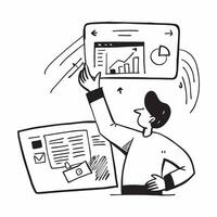 2D as Business consultant analyzing financial data concept as A illustration of a business consultant in an office analyzing financial data on a laptop highlighting e Cleans vector