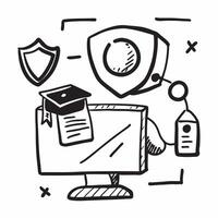 2D as Cyber security training icon with a graduation cap and shield concept as illustration of a cyber security training icon with a graduation cap and shield highlig Cleans vector