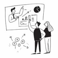 2D as CFO evaluating financial risk in a strategy meeting concept as A illustration of a CFO evaluating financial risk in a strategy meeting with charts and documents Cleans vector