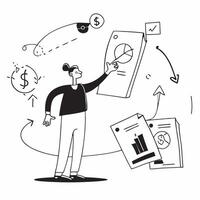 2D minimalize as Venture capitalist evaluating startup pitches concept as A illustration of a venture capitalist evaluating startup pitches with financial graphs and Cleans vector