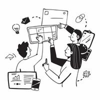 2D minimalize as Startup team collaborating on a business plan concept as A illustration of a startup team collaborating on a business plan using laptops and tablets Cleans vector