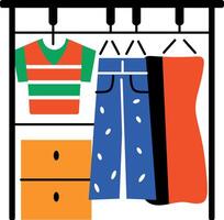 Clothes hanging in wardrobe, flat style icon vector