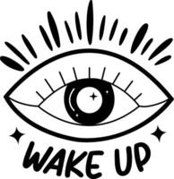 A glyph sticker of an eye with wake up typography vector