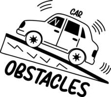 A glyph sticker of a car inclining on a slope with obstacles typography vector