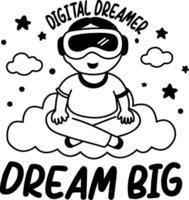 A glyph sticker of a character wearing vr glasses with dream big typography vector