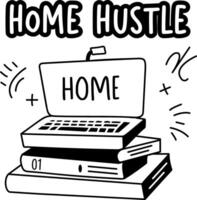 A glyph sticker of a laptop and files with home hustle typography vector