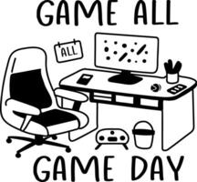 A glyph sticker of gaming system with game day typography vector