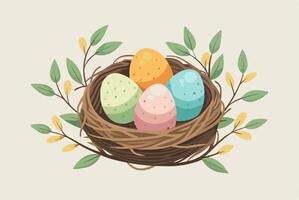 Easter eggs in a nest with leaves and branches vector