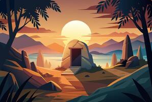 An illustration of a sunset with a door in the middle of a mountain vector