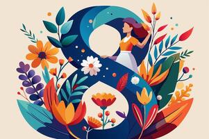 The number eight is surrounded by flowers and leaves vector