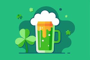 A beer mug with shamrock leaves and a green background vector