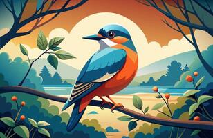 A colorful bird sits on a branch in front of a river vector