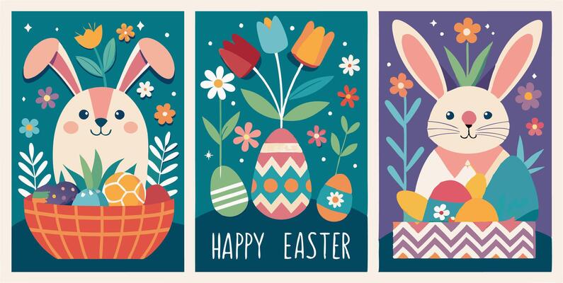 Three easter banners with rabbits and flowers
