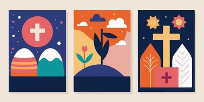 Easter banners with cross, sun, and trees vector