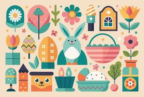 Easter flat design with bunny, flowers, eggs, and other items vector