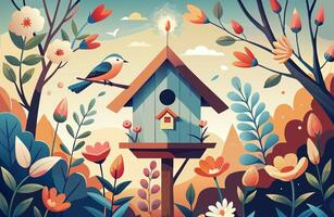 A birdhouse with flowers and birds in the background vector