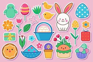 Easter stickers set with bunny, flowers, eggs, and other items vector