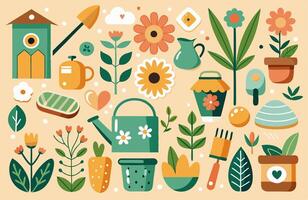 Garden tools and flowers in a flat design vector
