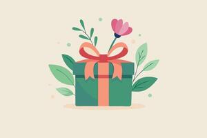 Gift box with flowers and ribbon on beige background vector