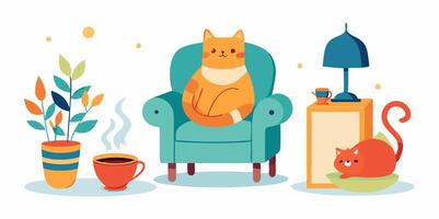 A cat sitting in a chair next to a lamp and a plant vector