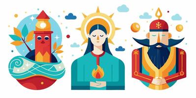 Three different religious icons, one with a man and woman, and another with a man and woman vector