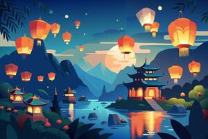 Chinese lanterns floating over the mountains at night vector