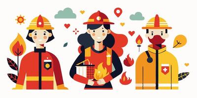 Firefighters and firemen are shown in a flat style vector