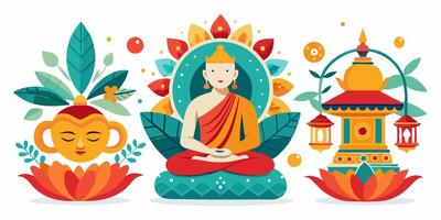 Buddha and lotus with flowers and lanterns vector