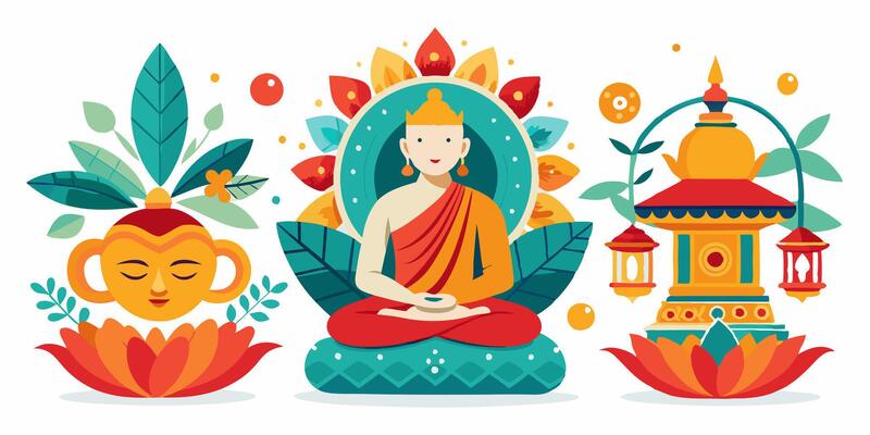 Buddha and lotus with flowers and lanterns
